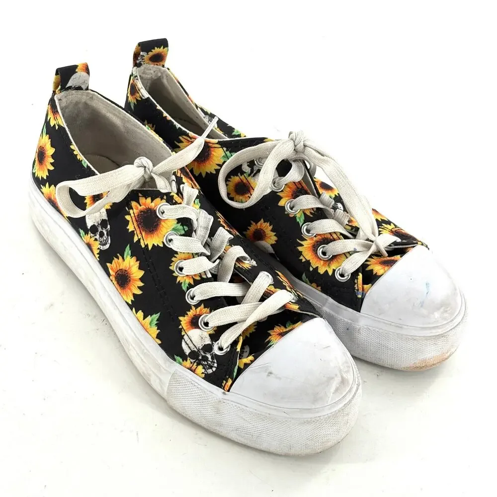 Hot Topic Sunflower Skull Sneakers 10 Black Yellow Whimsy Fairy Goth Grunge